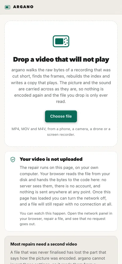 The argano page: a drop area for a video that will not play, and a note saying the video is not uploaded.