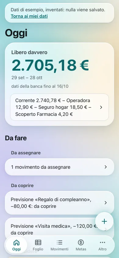 cambusa on a phone: the Today screen, in Italian, with the amount really free and one movement to assign, from invented demo data.