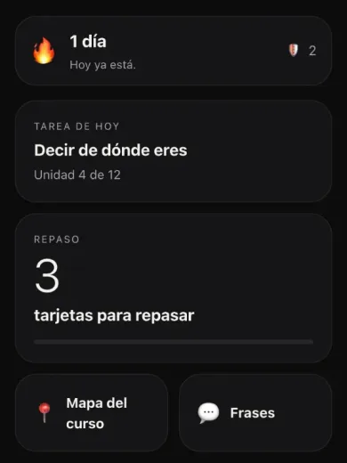 contigo on a phone: the home screen with the day streak, today's task and three cards to review.
