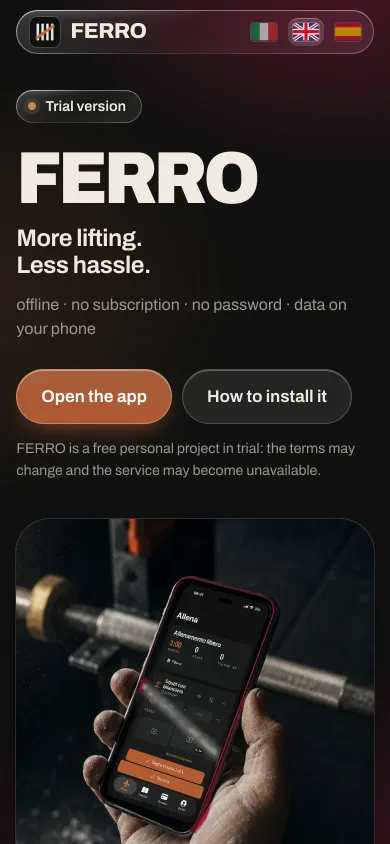 The FERRO site, with the app in a hand: a phone showing a free workout with its timer and sets.