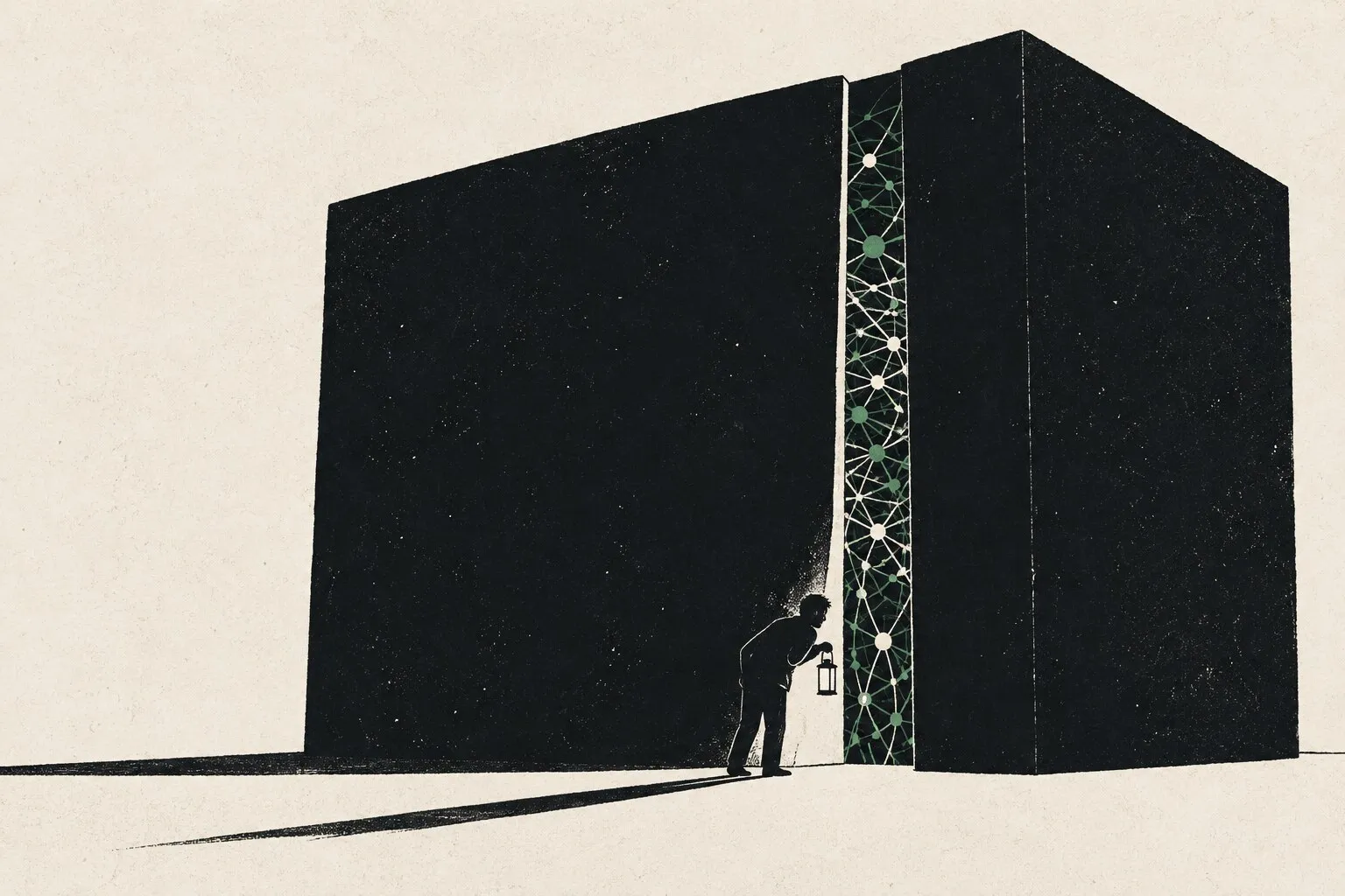 A person holds a lantern to the crack of a huge black box, inside which a tangle of nodes and threads can be seen.