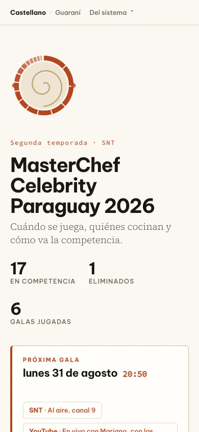 The japepo page, in Spanish: MasterChef Celebrity Paraguay 2026, with the next gala and the cooks still competing.