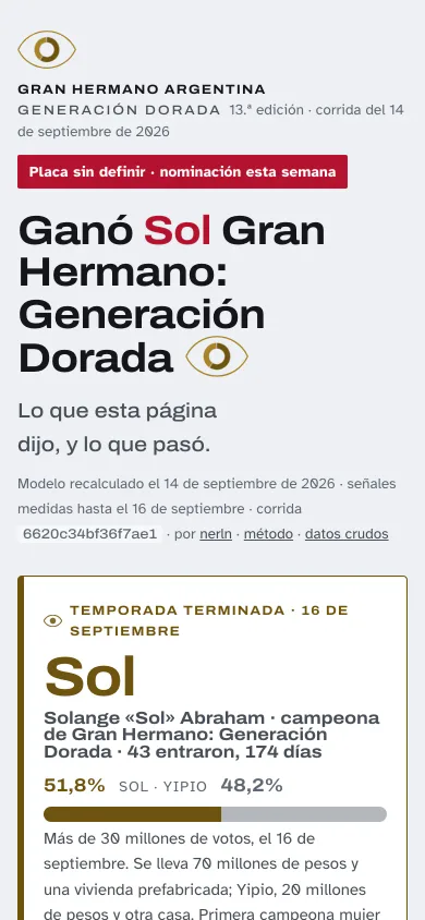 The placa page, in Spanish: the result of Gran Hermano Argentina, with the split of the final vote.