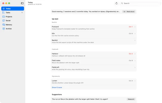 plancia on the Mac: the Today window, with a recap of the day, the next tasks grouped by project and suggestions.