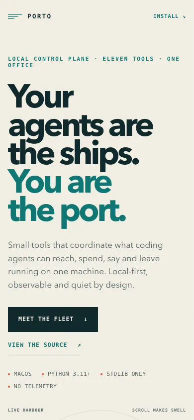The porto page: the headline about agents as ships and the user as the port, beside a drawing of small tools in a harbour.