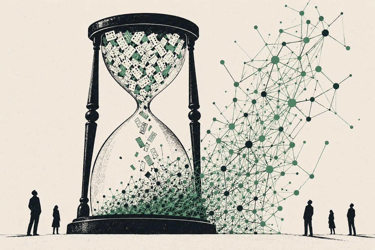 An hourglass whose sand, made of scraps of printed text, piles up into a network of nodes that grows taller than the hourglass, while small figures look up at it.