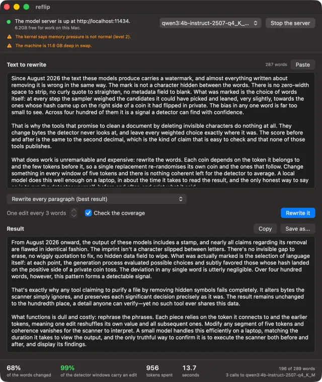 reflip on the Mac: the window with a text to rewrite, the rewritten result and the figures measured afterwards.