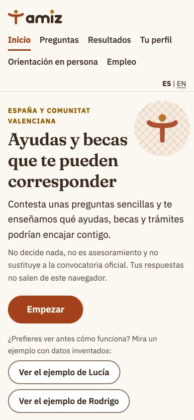 tamiz on a phone: the start page, in Spanish, with the headline about aid and grants you may qualify for, a button to start and two example profiles with invented data.