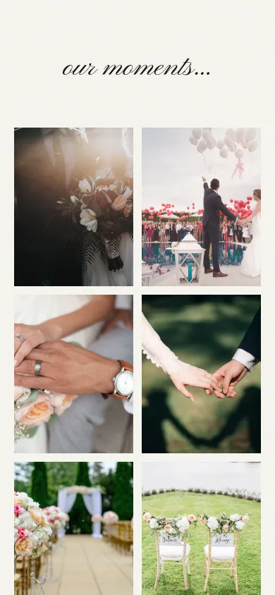 The wedding invitation template: the gallery section, with six photos of a couple.