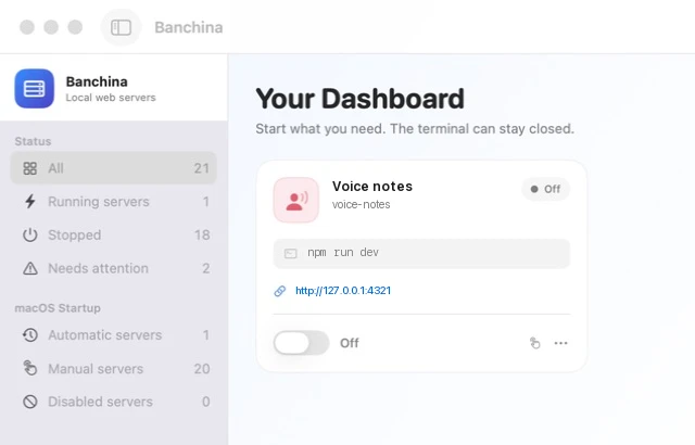 The Banchina window on a Mac: a sidebar that counts running and stopped servers, and the dashboard with one server, Voice notes, switched off.