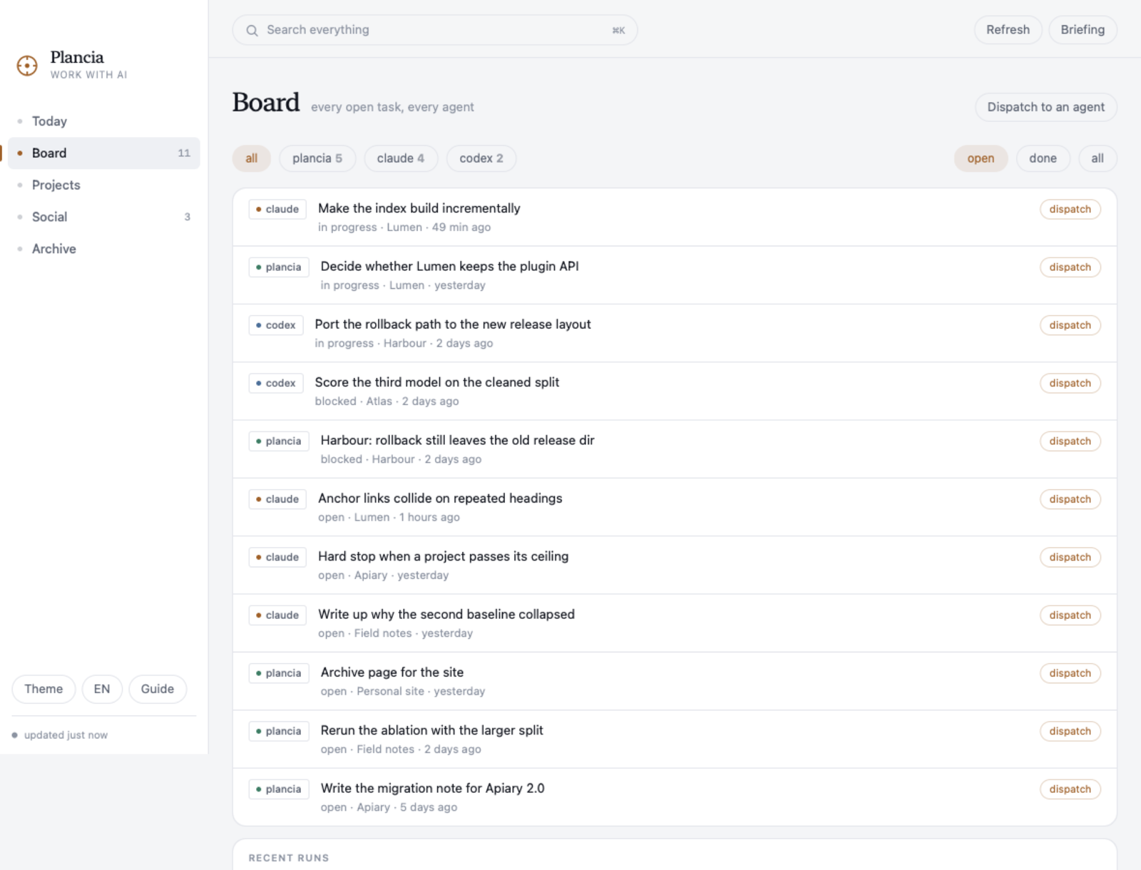 The board: tasks from claude, codex and plancia in one list, each with a dispatch button.