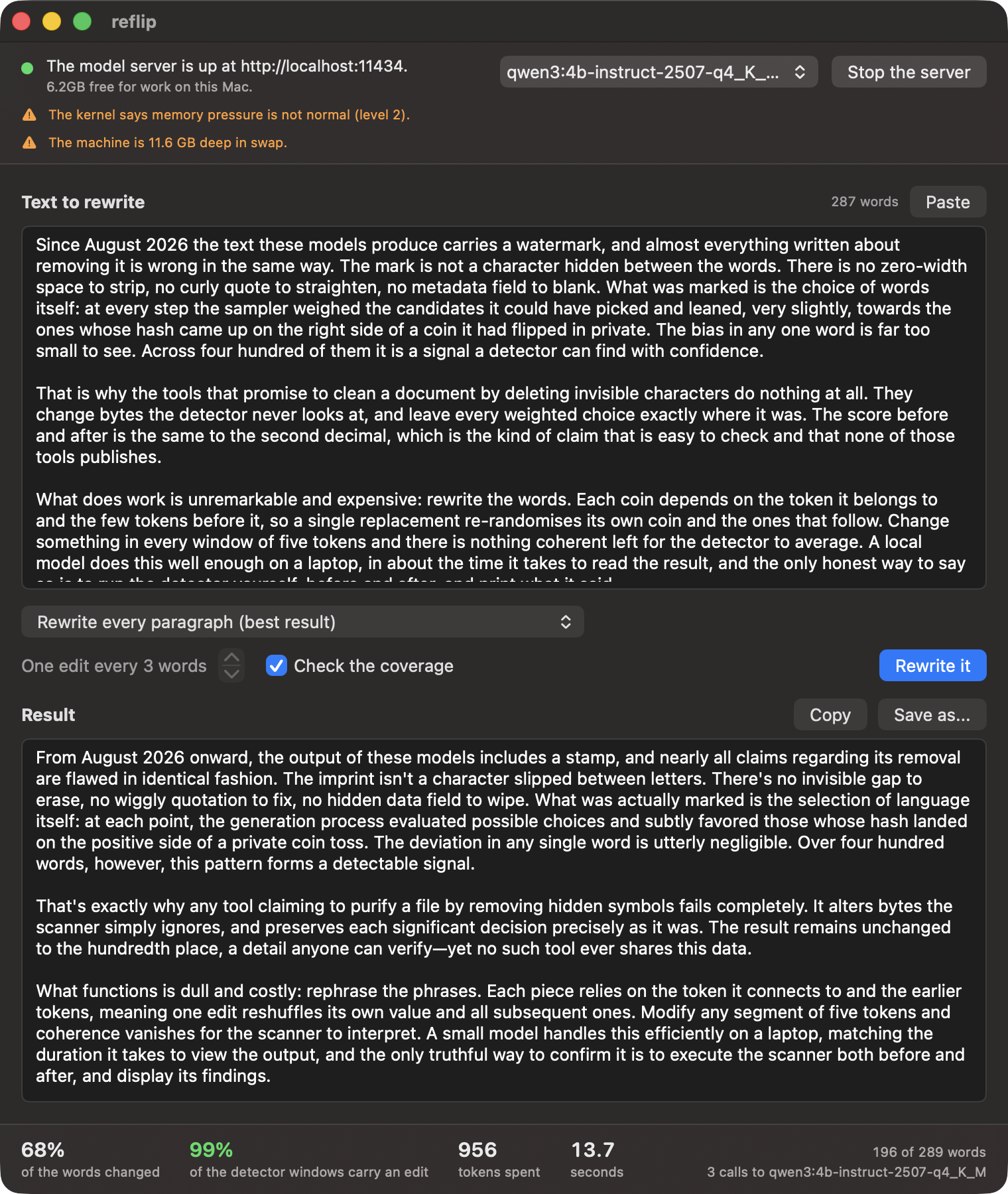 The reflip window: a model-server status row at the top, the pasted paragraph to rewrite, a transform picker, the rewritten result below it, and a row of figures along the bottom for words changed, detector coverage, tokens spent and seconds.