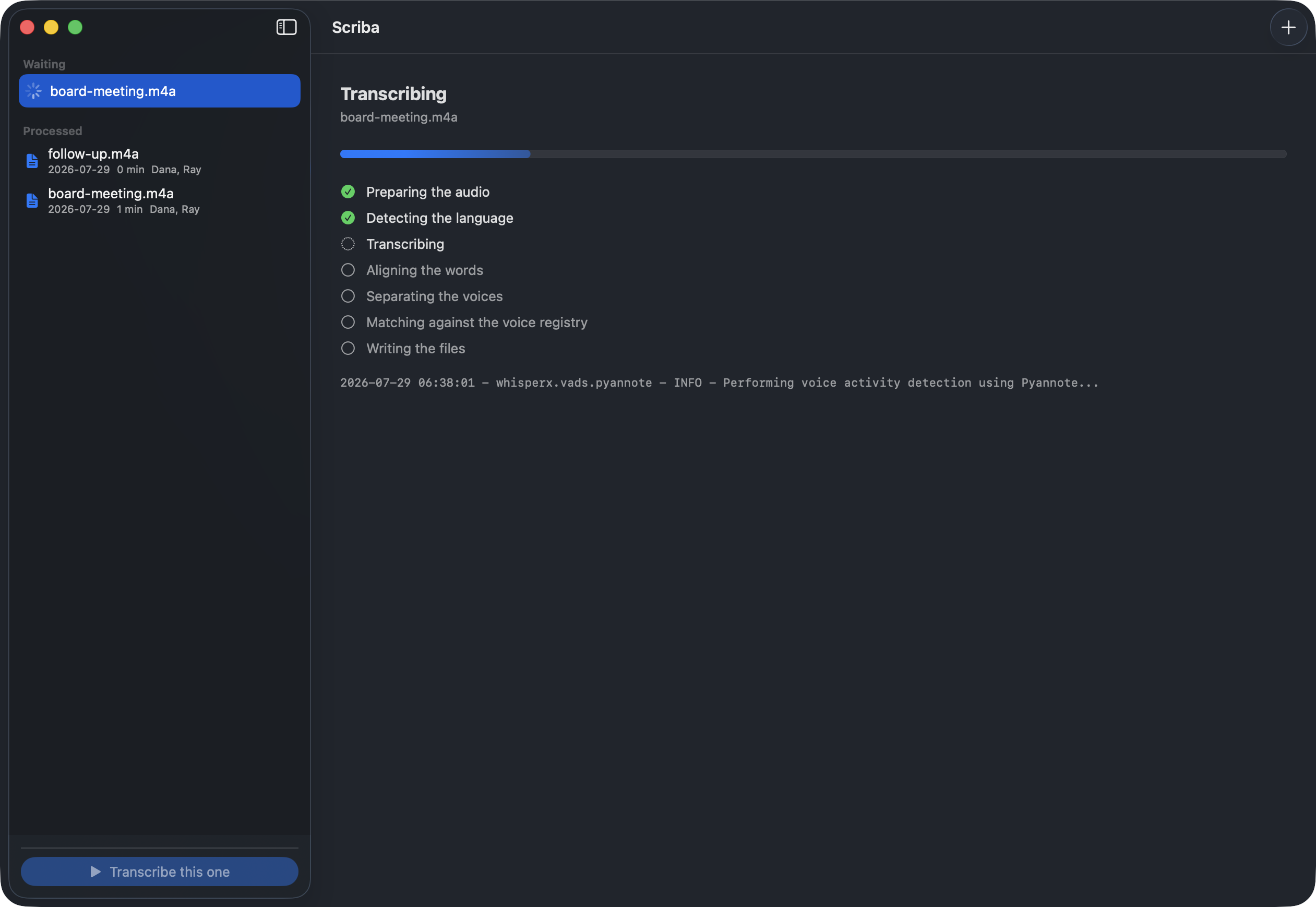 The run in progress: preparing the audio and detecting the language are ticked, transcribing is next, and the engine's own log line is shown below